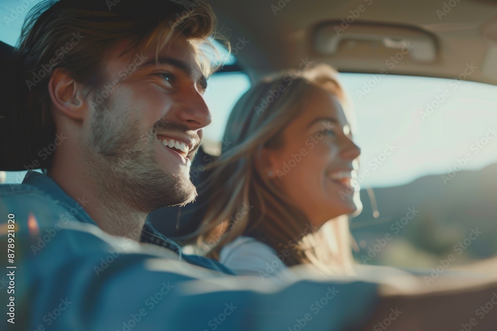 Caucasian young man driving a car with joyful woman on a long drive Caucasian young man driving a car with joyful woman on a long drive