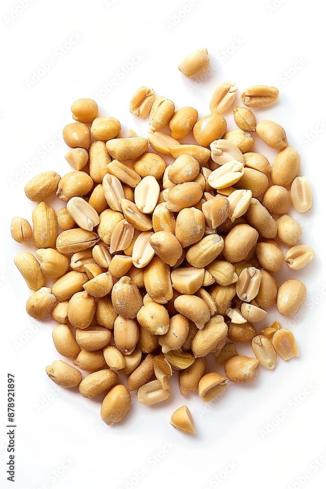 A stack of peanuts on a white background, perfect for food or product photography A stack of peanuts on a white background, perfect for food or product photography