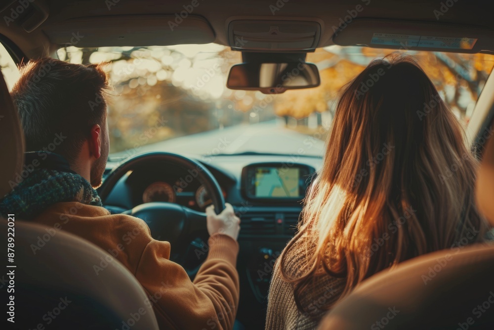 Fototapeta premium Caucasian young man driving a car with joyful woman on a long drive