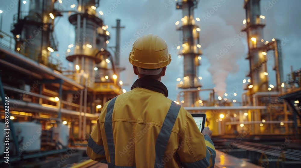 Worker in safety gear using a tablet to monitor processes at a brightly lit oil refinery during dusk. Worker in safety gear using a tablet to monitor processes at a brightly lit oil refinery during dusk.