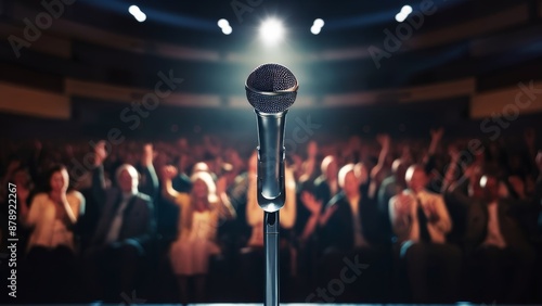 Close Up Single Microphone Center Stage Illuminated by Spotlight, Public Speaking Power and Communication photo