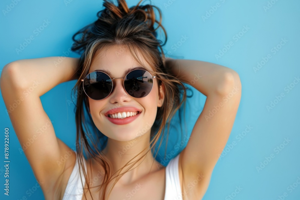 Fototapeta premium Cheerful young woman in sunglasses against blue background