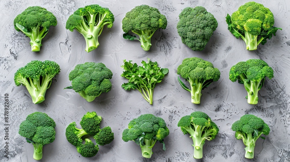 Fresh Green Broccoli Display on Grey Background Fresh Green Broccoli Display on Grey Background