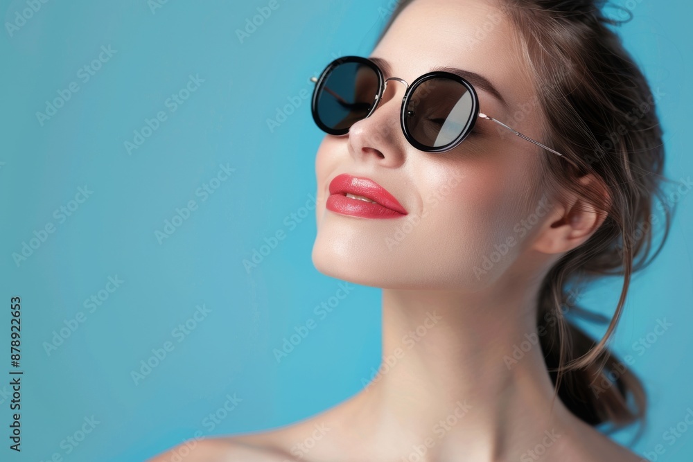 Cheerful young woman in sunglasses against blue background Cheerful young woman in sunglasses against blue background