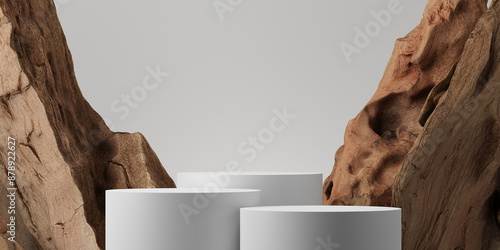 3d podium old wooden for cosmetic, perfume and product display on white background. 3D rendering illustration.