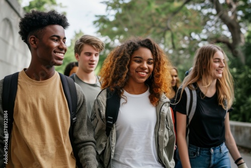 diverse College students walking together outdoors