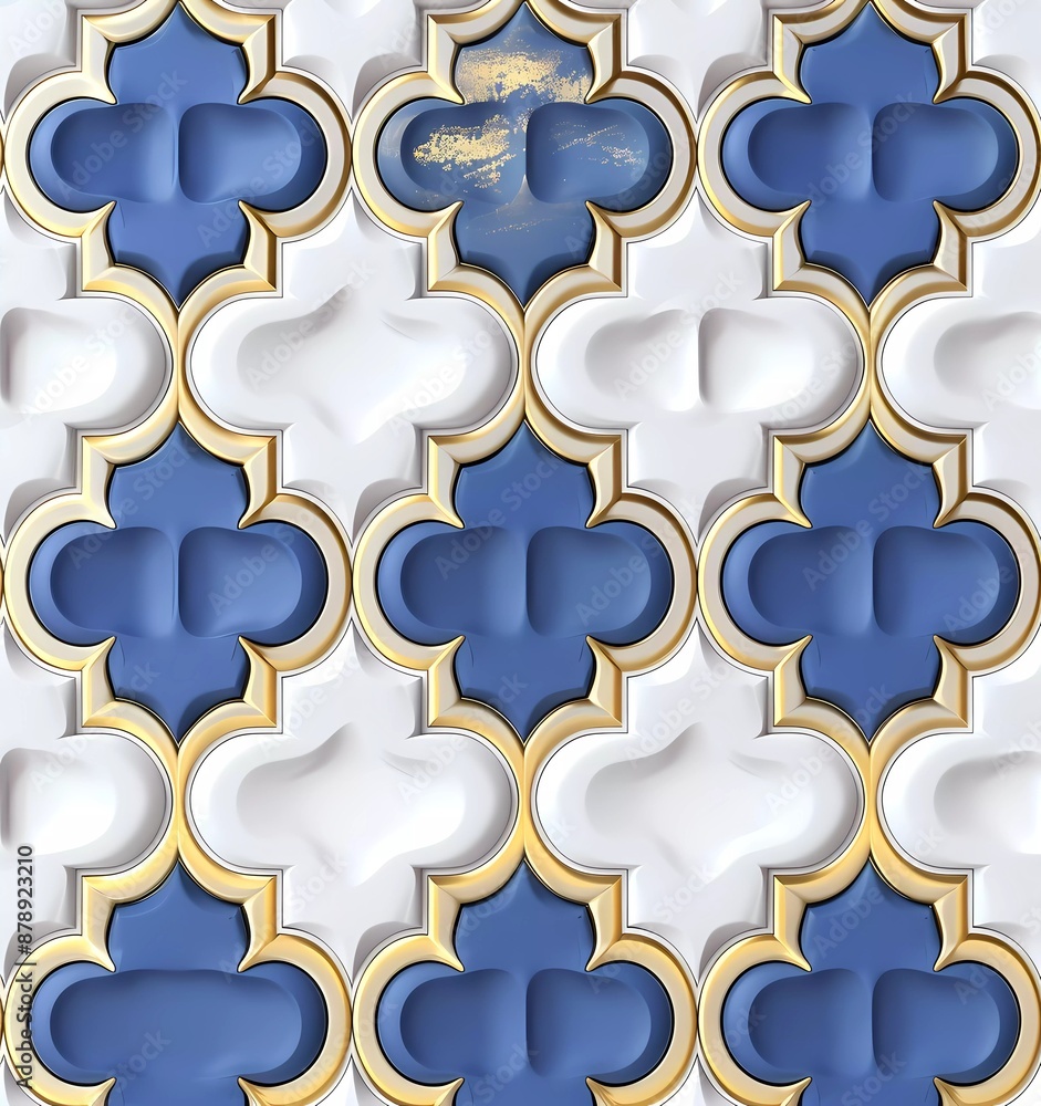 3d render plasticine seamless pattern of arabesque tile with white, blue and gold color palette, simple flat style 3d render plasticine seamless pattern of arabesque tile with white, blue and gold color palette, simple flat style