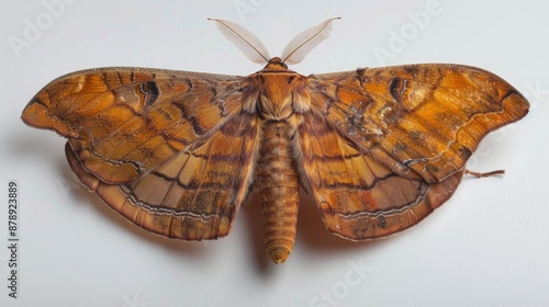 Close up of adult umber moth with wings outstretched on white surface