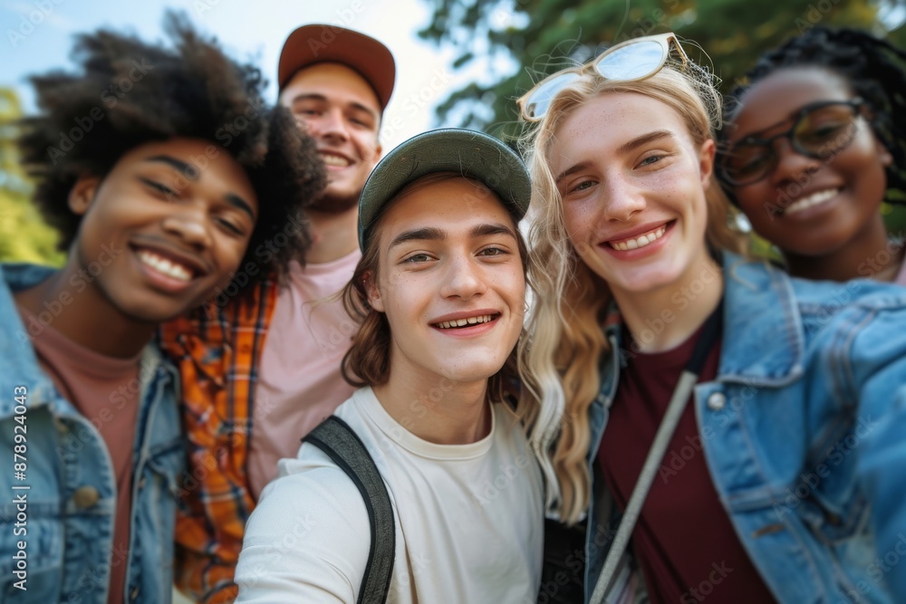 Obraz premium diverse friends chilling outside taking group selfie and smiling