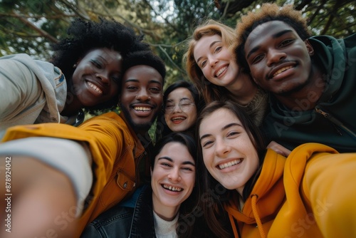 diverse friends chilling outside taking group selfie and smiling