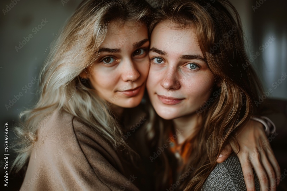 elder parent mom with a young adult daughter hugging look at camera elder parent mom with a young adult daughter hugging look at camera