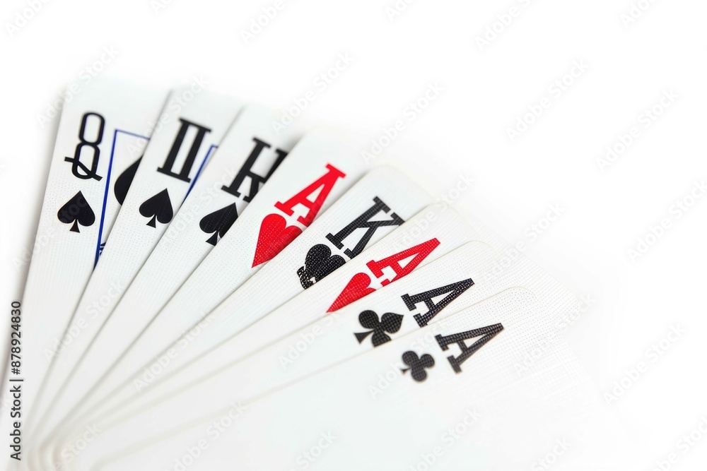 A selection of four playing cards lying flat on a table A selection of four playing cards lying flat on a table