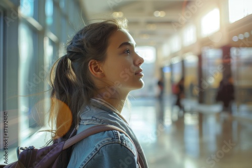 Female student glancing back while going for a class in college