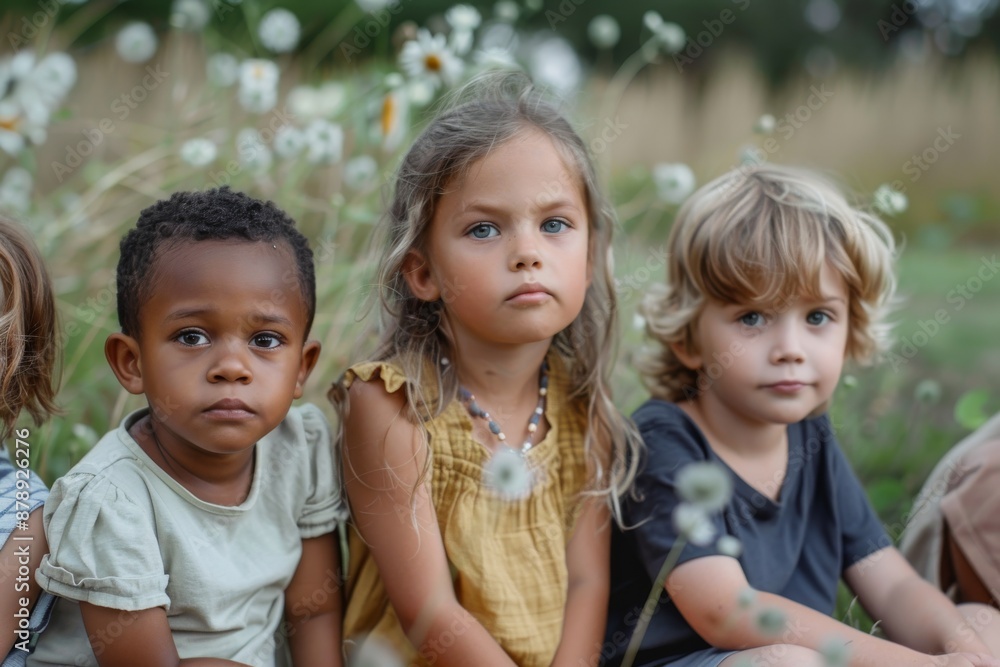 Group of cute diverse kids sitting together in park and looking at camera Group of cute diverse kids sitting together in park and looking at camera