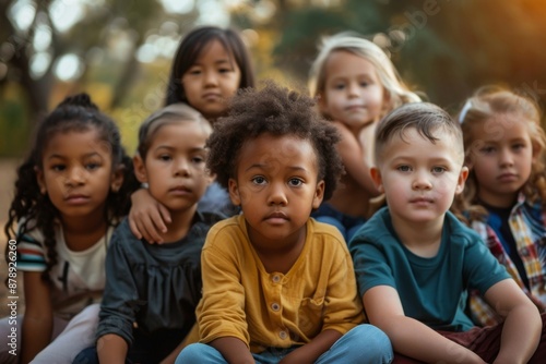 Group of cute diverse kids sitting together in park and looking at camera