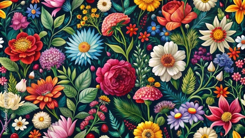 Vibrant, colorful, and intricate seamless floral pattern featuring assorted blooming flowers, leaves, and stems in a detailed, high-contrast design.