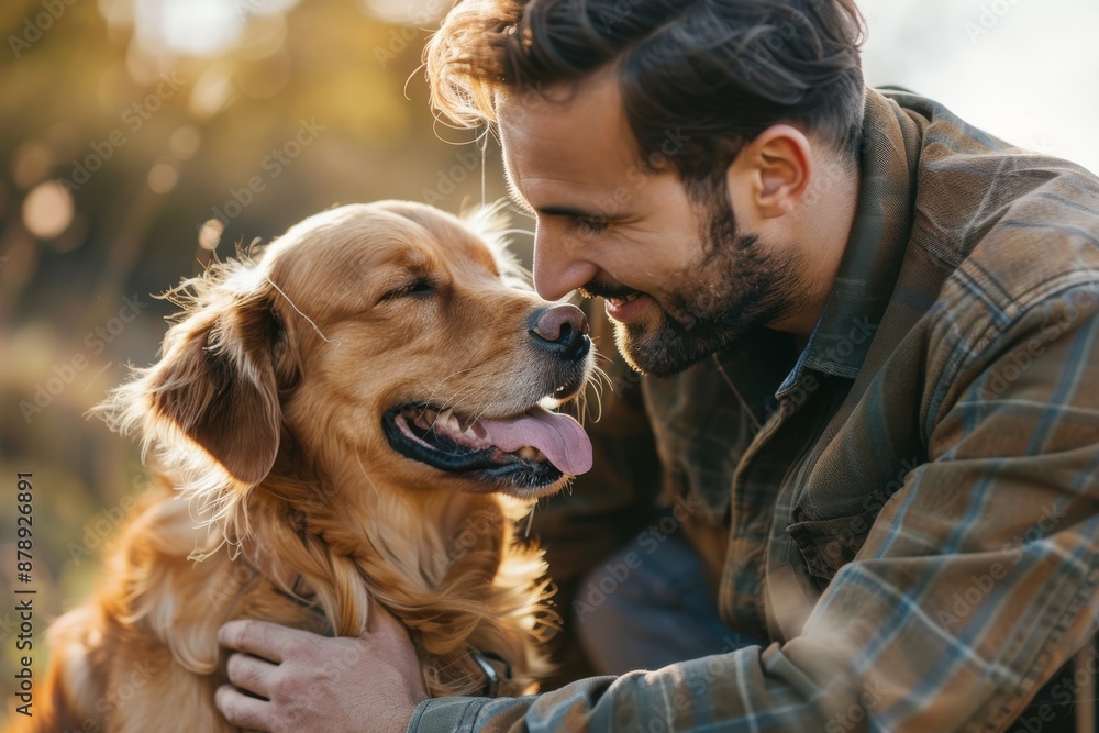 Man gently petting his dog, both with happy expressions Man gently petting his dog, both with happy expressions