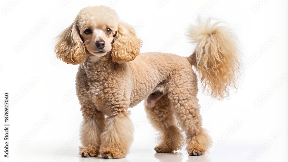 Full-body portrait of a poodle with a curly coat standing Full-body portrait of a poodle with a curly coat standing