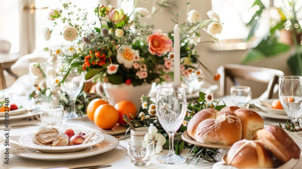 A cozy family Easter brunch with a table set with spring flowers, hot cross buns, and fresh fruit. A cozy family Easter brunch with a table set with spring flowers, hot cross buns, and fresh fruit.