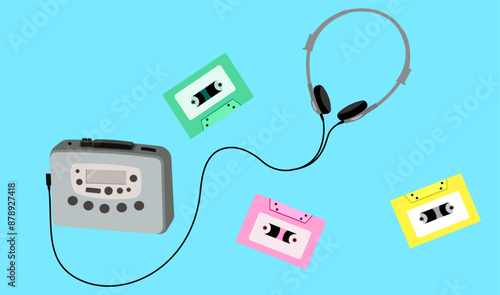 Retro tape cassette player soundabout from 1990, vintage old walkman with earphones and colorful audio cassette tape on blue background, music player entertainment technology 90s, vector illustration.