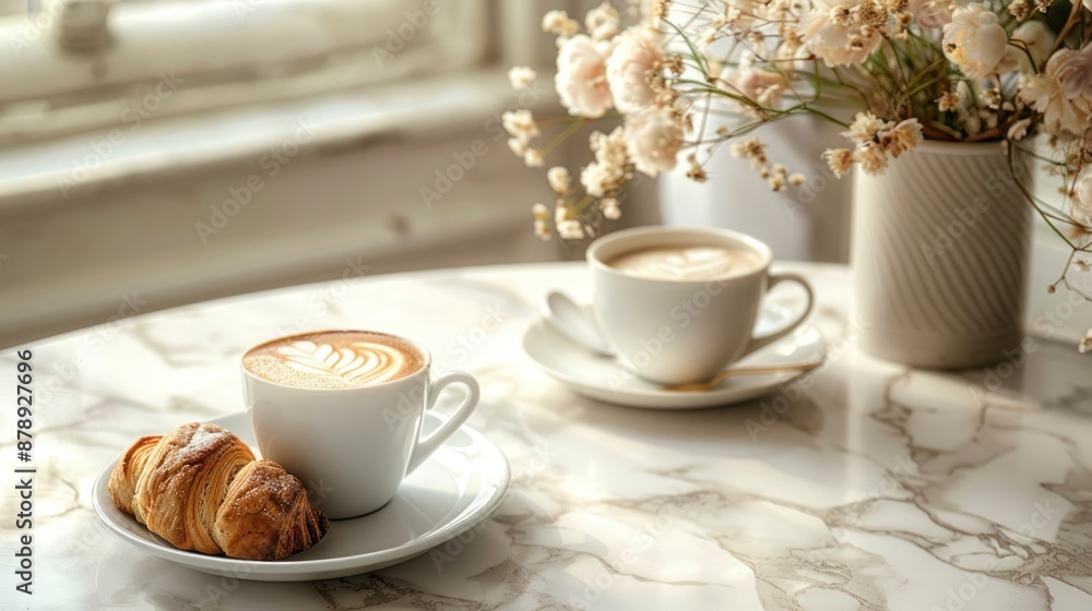 Coffee and Croissant on a Marble Table Coffee and Croissant on a Marble Table
