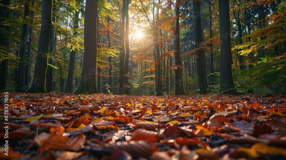 A dense forest in autumn, a carpet of fallen leaves, sunlight streaming through the trees A dense forest in autumn, a carpet of fallen leaves, sunlight streaming through the trees