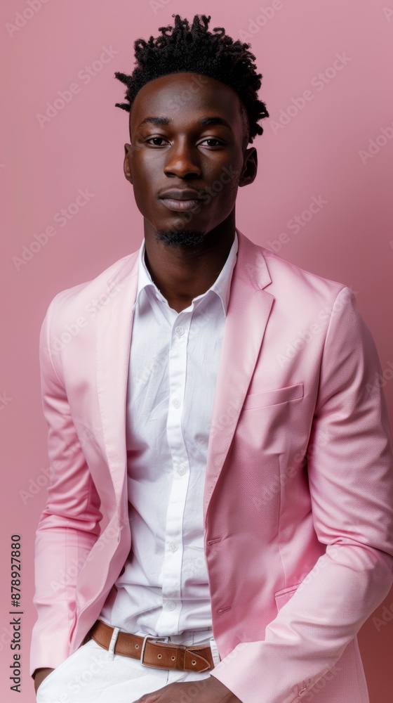 Fototapeta premium Confident Young Man Posing in Stylish Pink Blazer Against Pink Background, Professional and Unique Corporate Representative Portrait, Abstract Character, High-Resolution AI-Generated Wallpaper and Bac