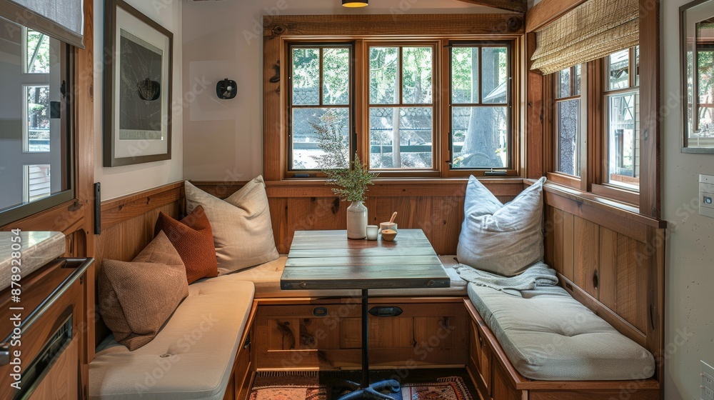 Fototapeta premium A cozy kitchen nook with a built-in bench, a small table, and plenty of cushions, creating a perfect spot for breakfast or casual meals.