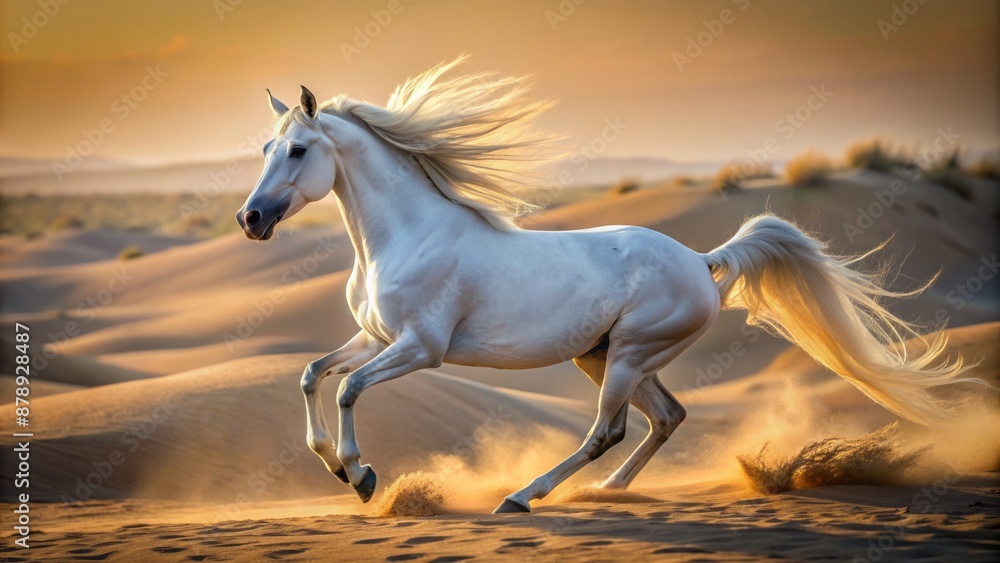 Magnificent Marwari horse in mid-gallop, majestic white coat glistening, ears pointed, and tail flowing in the desert landscape backdrop. Magnificent Marwari horse in mid-gallop, majestic white coat glistening, ears pointed, and tail flowing in the desert landscape backdrop.