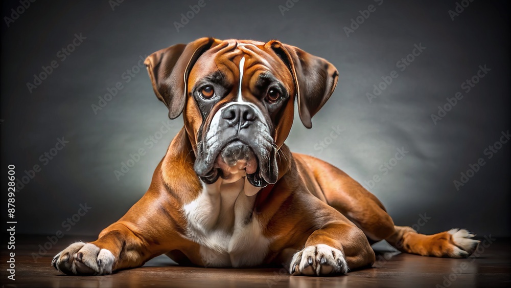 Full-body portrait of a Boxer dog lying down with a relaxed expression Full-body portrait of a Boxer dog lying down with a relaxed expression