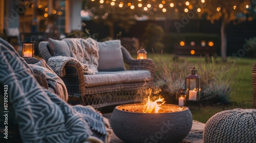 A cozy outdoor fire pit area with comfortable seating, blankets, and string lights, creating a perfect gathering spot at home.