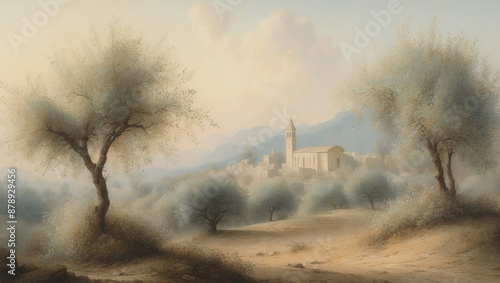 A hazy landscape with olive trees and a church in the distance