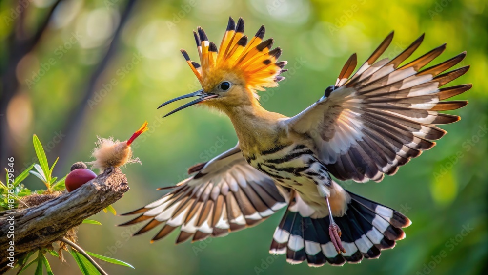 Obraz premium A majestic Hoopoe bird in slow motion, wings spread, effortlessly glides towards its nest, feeding its chirping, beady-eyed baby birds.