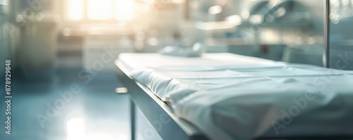 A brightly lit, clean morgue environment with an operating table, ready for medical or forensic procedures, sterile and sanitized.