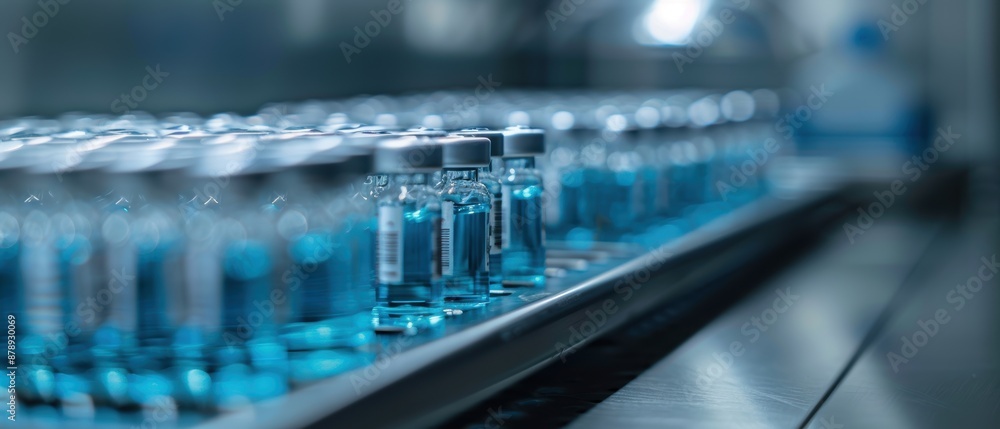 A row of vaccine vials on a production line in a laboratory, showcasing the process of medical manufacturing and pharmaceutical production. A row of vaccine vials on a production line in a laboratory, showcasing the process of medical manufacturing and pharmaceutical production.
