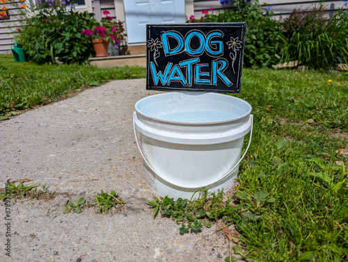 Photography Sign dog water on the street by a plastic bowl filled with water left for stray dogs and cats by sidewalk in summer heatwave