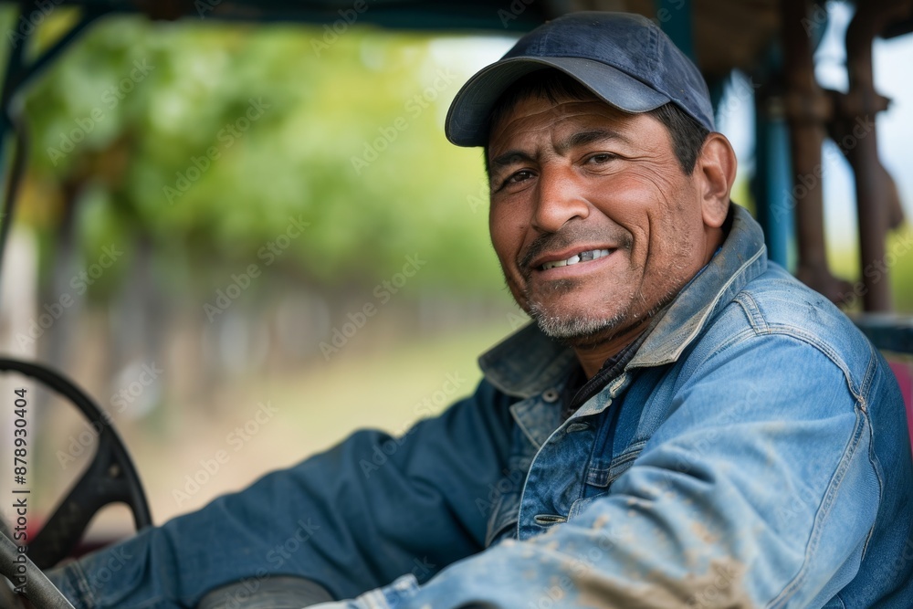 Vineyard worker sitting on his tractor smiling at camera Vineyard worker sitting on his tractor smiling at camera