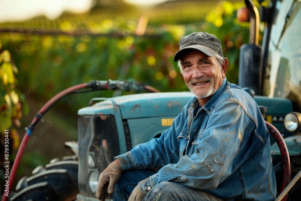 Vineyard worker sitting on his tractor smiling at camera Vineyard worker sitting on his tractor smiling at camera