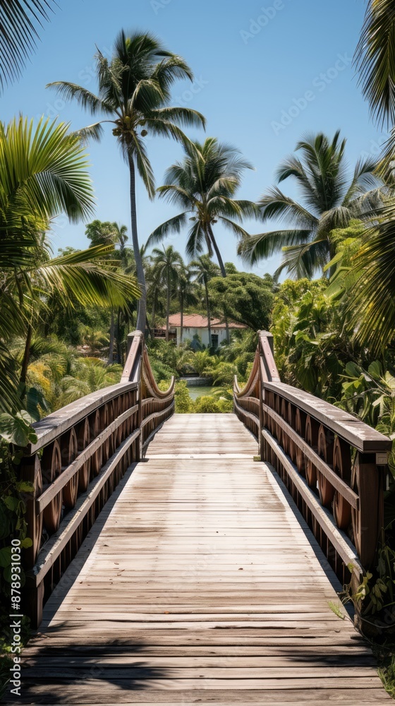 a wooden bridge with palm trees on the top and a house in the background. a wooden bridge with palm trees on the top and a house in the background.