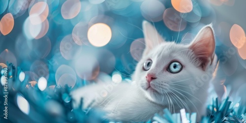 Charming White Cat with Expressive Eyes on Abstract Blue Background, Perfect for Christmas-Themed Pet Party Cards, Wallpaper, and Backgrounds, High-Resolution AI-Generated Design
