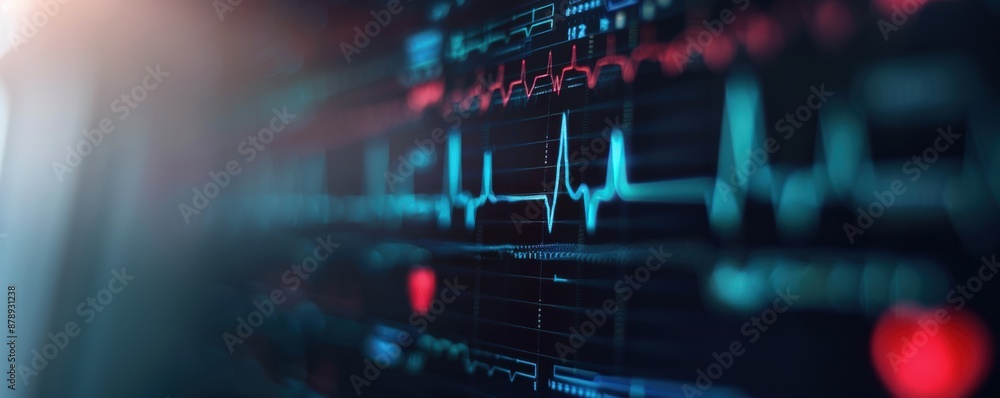 Close-up of a heart rate monitor displaying vital signs and medical data, symbolizing health and healthcare technology. Close-up of a heart rate monitor displaying vital signs and medical data, symbolizing health and healthcare technology.