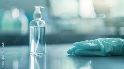 Close-up of a hand sanitizer bottle and surgical gloves on a reflective surface in a medical or laboratory setting.