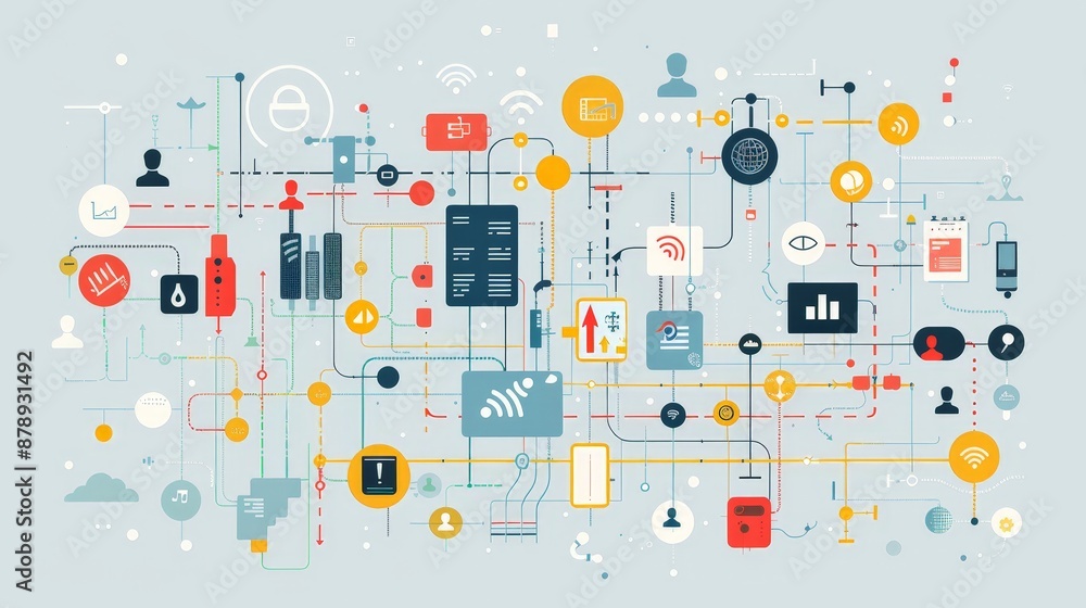 A creative visual representation of data flow between devices in an Internet of Things (IoT) ecosystem A creative visual representation of data flow between devices in an Internet of Things (IoT) ecosystem