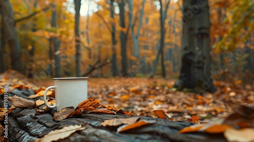 Wallpaper Mural Tranquil Autumn Mockup in Forest: Blank Coffee Mug on Tree Log Amidst Fallen Leaves Torontodigital.ca