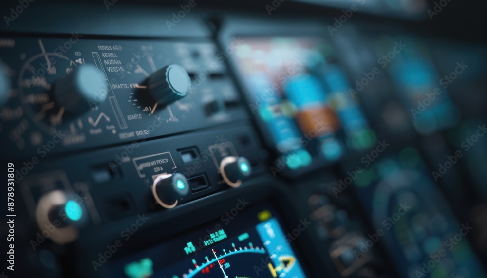 Close-up of an airplane cockpit's intricate control panel with numerous dials, switches, and displays, showcasing aviation technology. Close-up of an airplane cockpit's intricate control panel with numerous dials, switches, and displays, showcasing aviation technology.