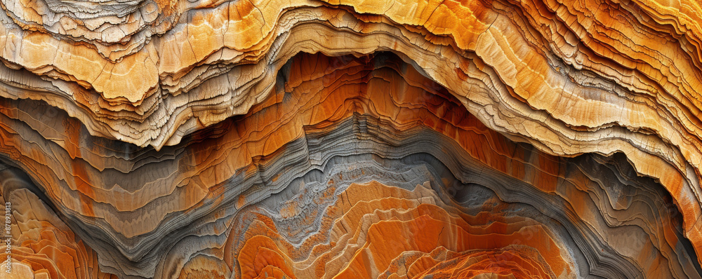 Vibrant rock formation with layers of orange, grey, and brown hues showcasing stunning natural geological patterns and textures. Vibrant rock formation with layers of orange, grey, and brown hues showcasing stunning natural geological patterns and textures.