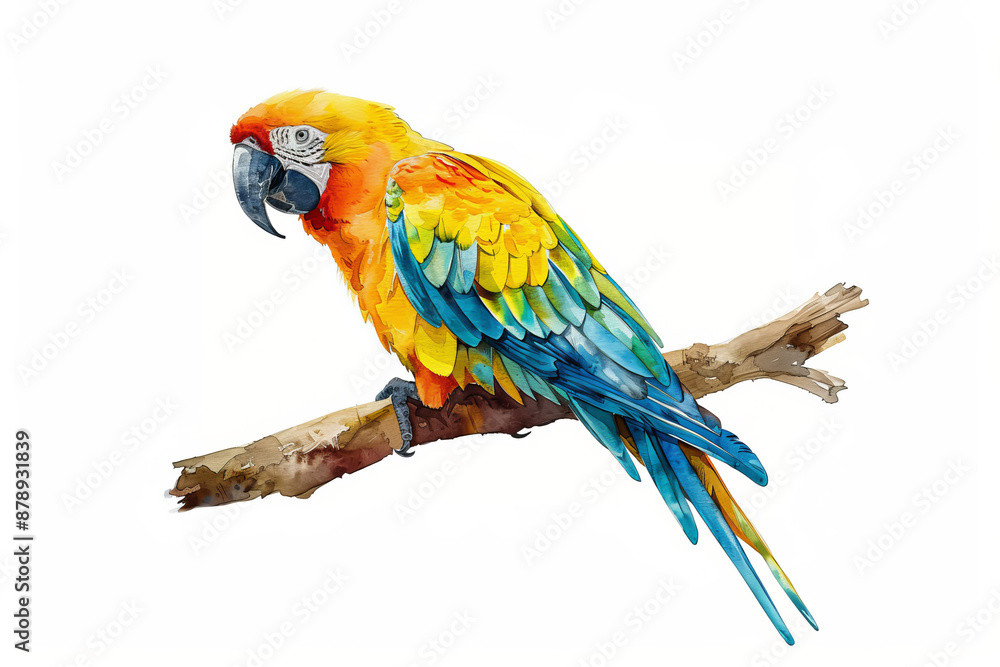 Obraz premium Vibrant watercolor painting of a colorful parrot perched on a branch, showcasing nature's beauty with vivid hues and detailed artistry.