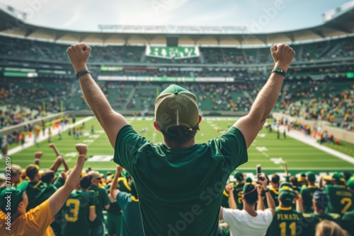 back view Male fan cheering at a college football game