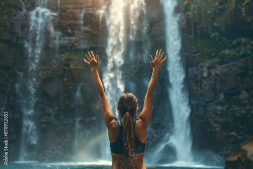 Fototapeta Naklejka Na Ścianę i Meble -  Young woman standing in front of waterfall with her hands raised
