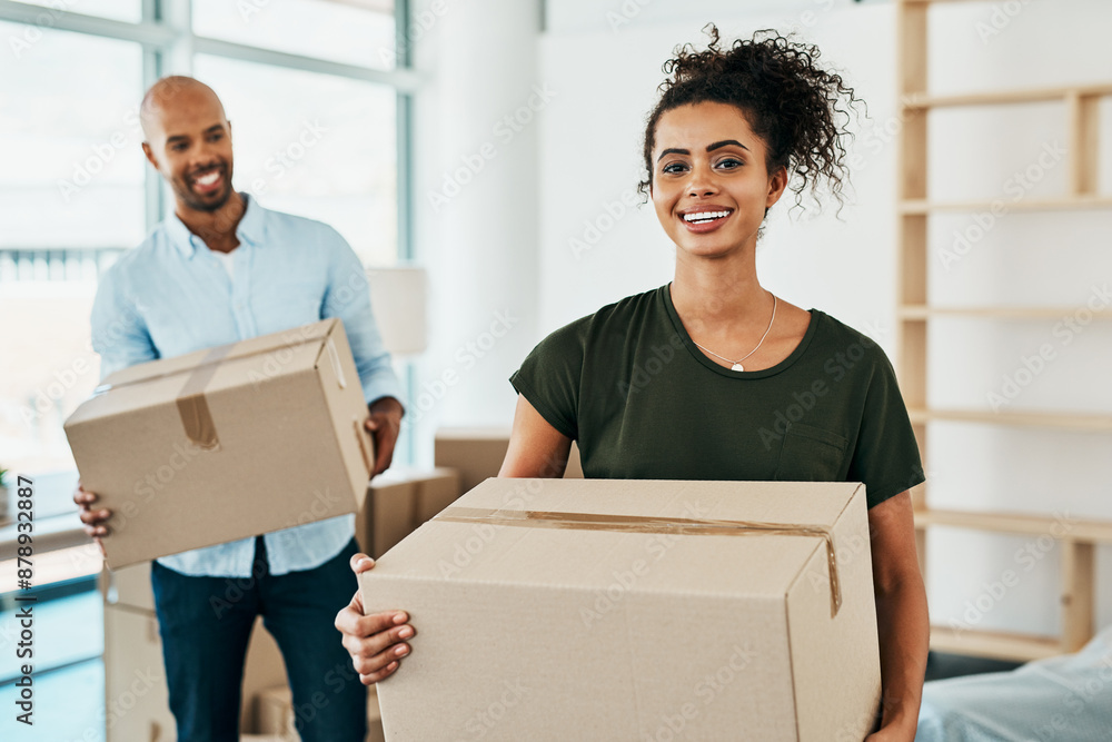 Couple, portrait and smile with box in new home for property investment, relocation or moving. Happy, man and woman with cardboard package for homeowner mortgage, real estate or residence of marriage Couple, portrait and smile with box in new home for property investment, relocation or moving. Happy, man and woman with cardboard package for homeowner mortgage, real estate or residence of marriage